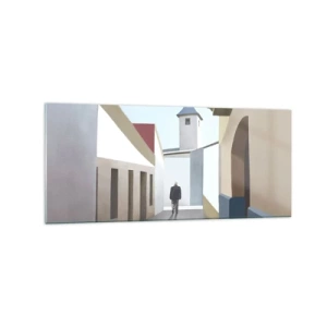 Obraz na szkle - Minimalistyczna uliczka z sylwetką mężczyzny w tle - 120x50cm - Słoneczny spacer - Nowoczesna dekoracja ścienna do salonu i sypialni ARTTOR