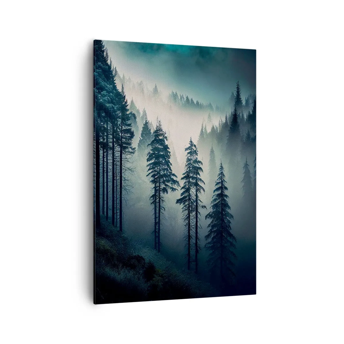 Obraz na płótnie - Górski las spowity mgłą w odcieniach niebieskiego i zieleni - 70x100cm - Górski poranek - Nowoczesna dekoracja ścienna do salonu i sypialni ARTTOR