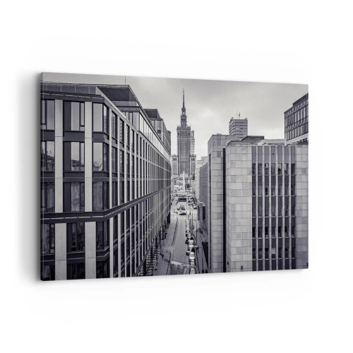 Obraz na płótnie - Panorama Warszawy z widokiem na Pałac Kultury i otaczające budynki - 100x70cm - Warszawska dolina - Nowoczesna dekoracja ścienna do salonu, kuchni i sypialni ARTTOR