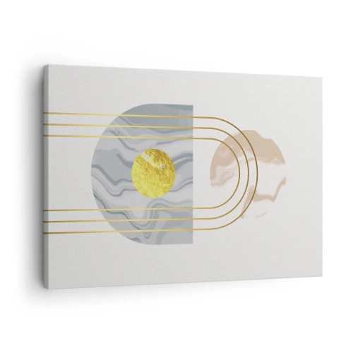 Obraz na płótnie - Abstrakcyjna kompozycja z okręgami i złotymi liniami na jasnym tle - 70x50cm - Jasność i blask - Nowoczesna dekoracja ścienna do salonu i sypialni ARTTOR