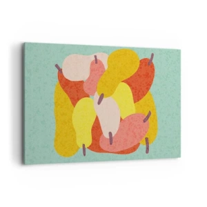 Obraz na płótnie - Kolorowe abstrakcyjne gruszki na tle zielonym - 100x70cm - Spróbuj letniego słońca - Nowoczesna dekoracja ścienna do salonu, kuchni i sypialni ARTTOR