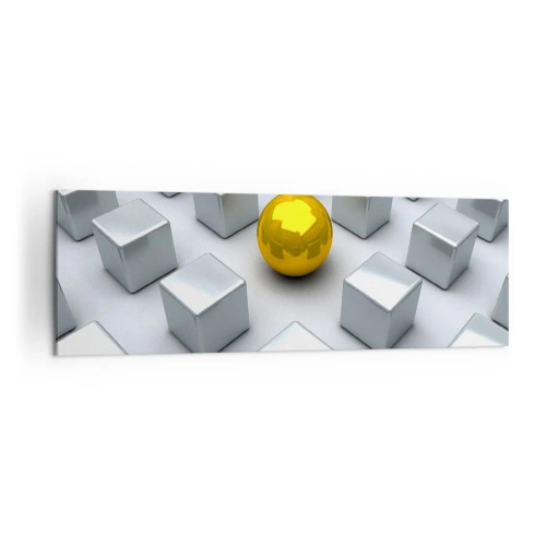 Obraz na płótnie - Złota kula wyróżniająca się wśród srebrnych sześcianów - 160x50cm - Dlaczego ja? Kompozycja geometryczna - Nowoczesna dekoracja ścienna do salonu i sypialni ARTTOR