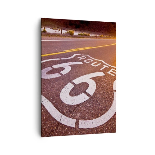 Obraz na płótnie - Route 66 na pustynnej drodze o zachodzie słońca - 50x70cm - Słynna droga 66 - Nowoczesna dekoracja ścienna do salonu, kuchni i sypialni ARTTOR