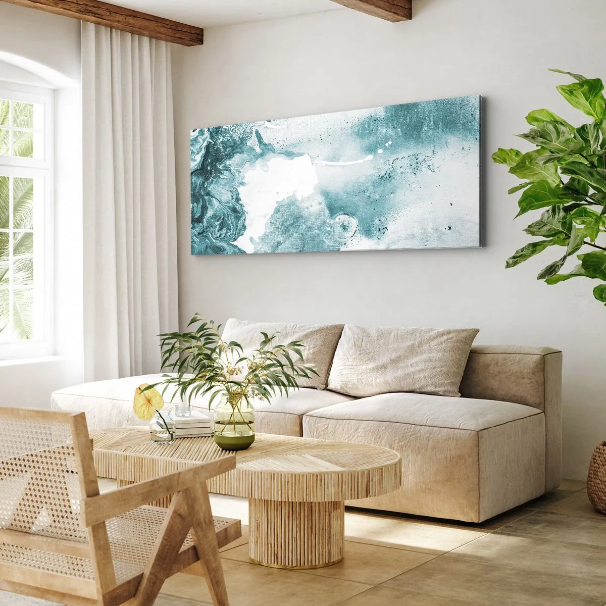 Obraz na płótnie - Abstrakcja w odcieniach błękitu z delikatnymi akcentami bieli - 120x50cm - Rozlewiska błękitu - Nowoczesna dekoracja ścienna do salonu i sypialni ARTTOR