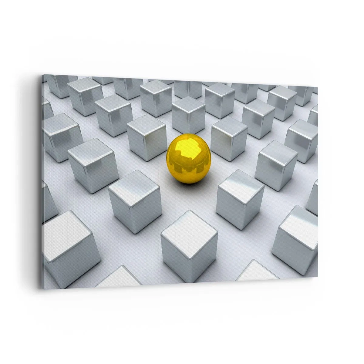 Obraz na płótnie - Złota kula wyróżniająca się wśród srebrnych sześcianów - 120x80cm - Dlaczego ja? Kompozycja geometryczna - Nowoczesna dekoracja ścienna do salonu, kuchni i sypialni ARTTOR