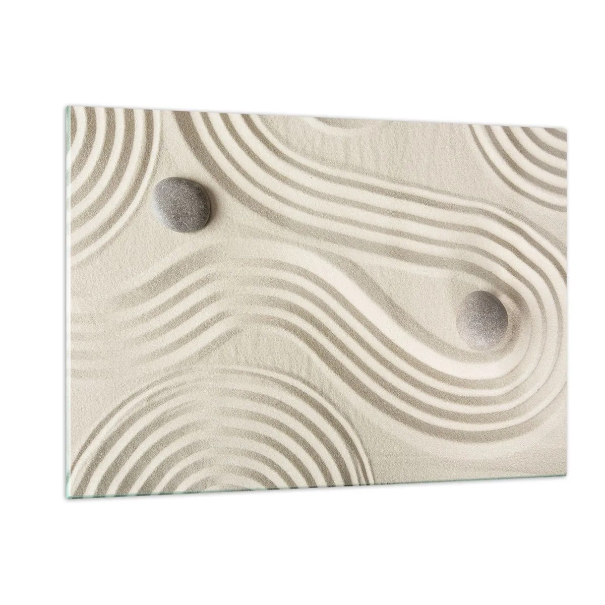 Obraz na szkle - Minimalistyczny piasek z kamieniami i geometrycznymi wzorami - 120x80cm - Dotyk ciepła - Nowoczesna dekoracja ścienna do salonu, kuchni i sypialni ARTTOR