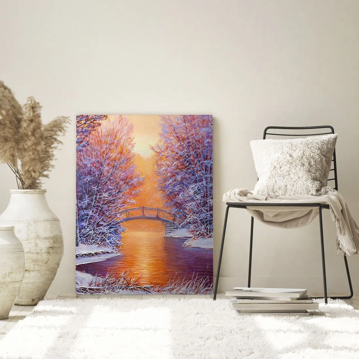 Obraz na szkle - Zimowy krajobraz z mostem i ośnieżonymi drzewami przy zachodzie słońca - 50x70cm - Spotkajmy się tu - Nowoczesna dekoracja ścienna do salonu, kuchni i sypialni ARTTOR