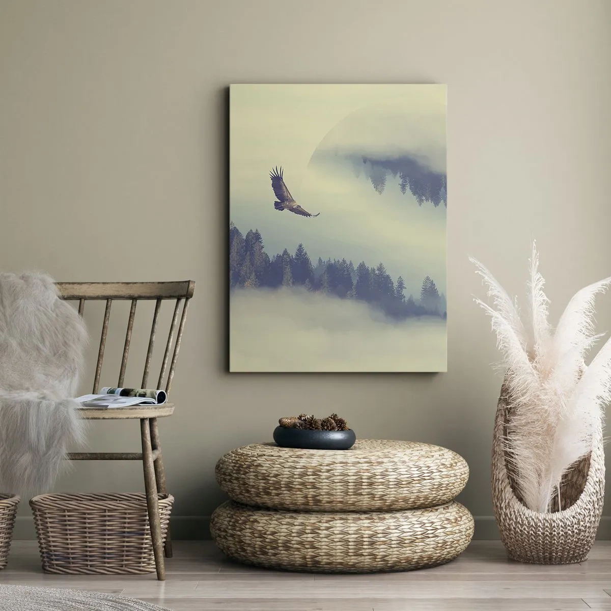 Obraz na płótnie - Orzeł w locie na tle mglistych gór z artystycznym motywem koła - 70x100cm - Widziałam orła cień - Nowoczesna dekoracja ścienna do salonu i sypialni ARTTOR