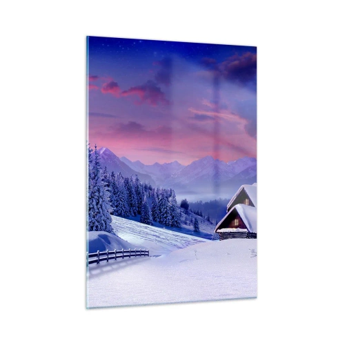 Obraz na szkle - Zimowy krajobraz z chatą i ośnieżonymi górami - 50x70cm - Cicha noc - Nowoczesna dekoracja ścienna do salonu, kuchni i sypialni ARTTOR