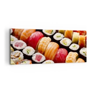 Obraz na płótnie - Kolorowe sushi ułożone w rzędy z różnorodnymi dodatkami - 120x50cm - Barwy i smaki Azji - Nowoczesna dekoracja ścienna do salonu i sypialni ARTTOR