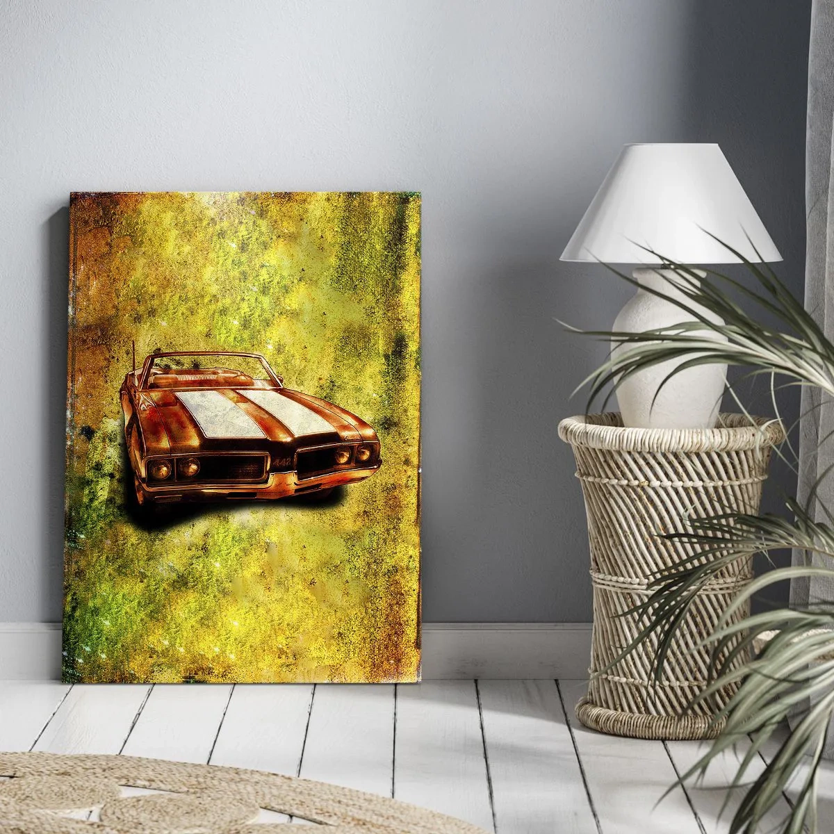 Obraz na płótnie - Kabriolet w dynamicznym stylu retro - 50x70cm - Moc zaklęta w kształtach - Nowoczesna dekoracja ścienna do salonu, kuchni i sypialni ARTTOR