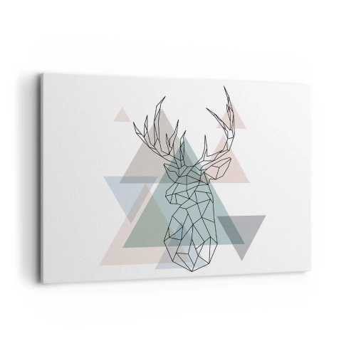 Obraz na płótnie - Geometryczny jeleń na tle pastelowych trójkątów - 100x70cm - W geometrycznym lesie - Nowoczesna dekoracja ścienna do salonu, kuchni i sypialni ARTTOR