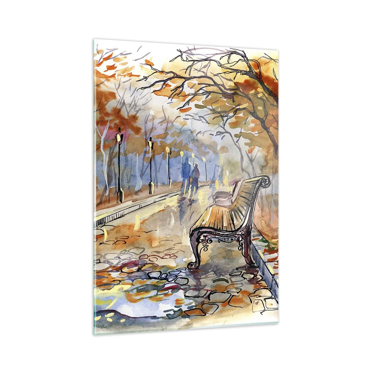 Obraz na szkle - Jesienna alejka z ławką w artystycznym stylu akwarelowym - 50x70cm - Razem powędrować w jesień - Nowoczesna dekoracja ścienna do salonu, kuchni i sypialni ARTTOR
