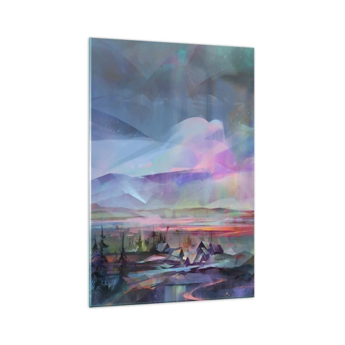 Obraz na szkle - Pejzaż górski z kolorowym niebem i wioską - 70x100cm - Pod życzliwym niebem - Nowoczesna dekoracja ścienna do salonu i sypialni ARTTOR