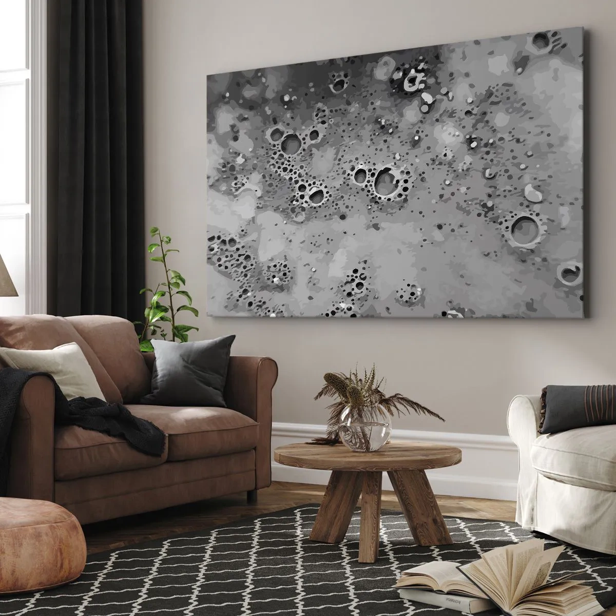 Obraz na płótnie - Jak księżycowy pejzaż - Abstrakcyjny czarno-biały wzór z bąbelkami - 70x50cm