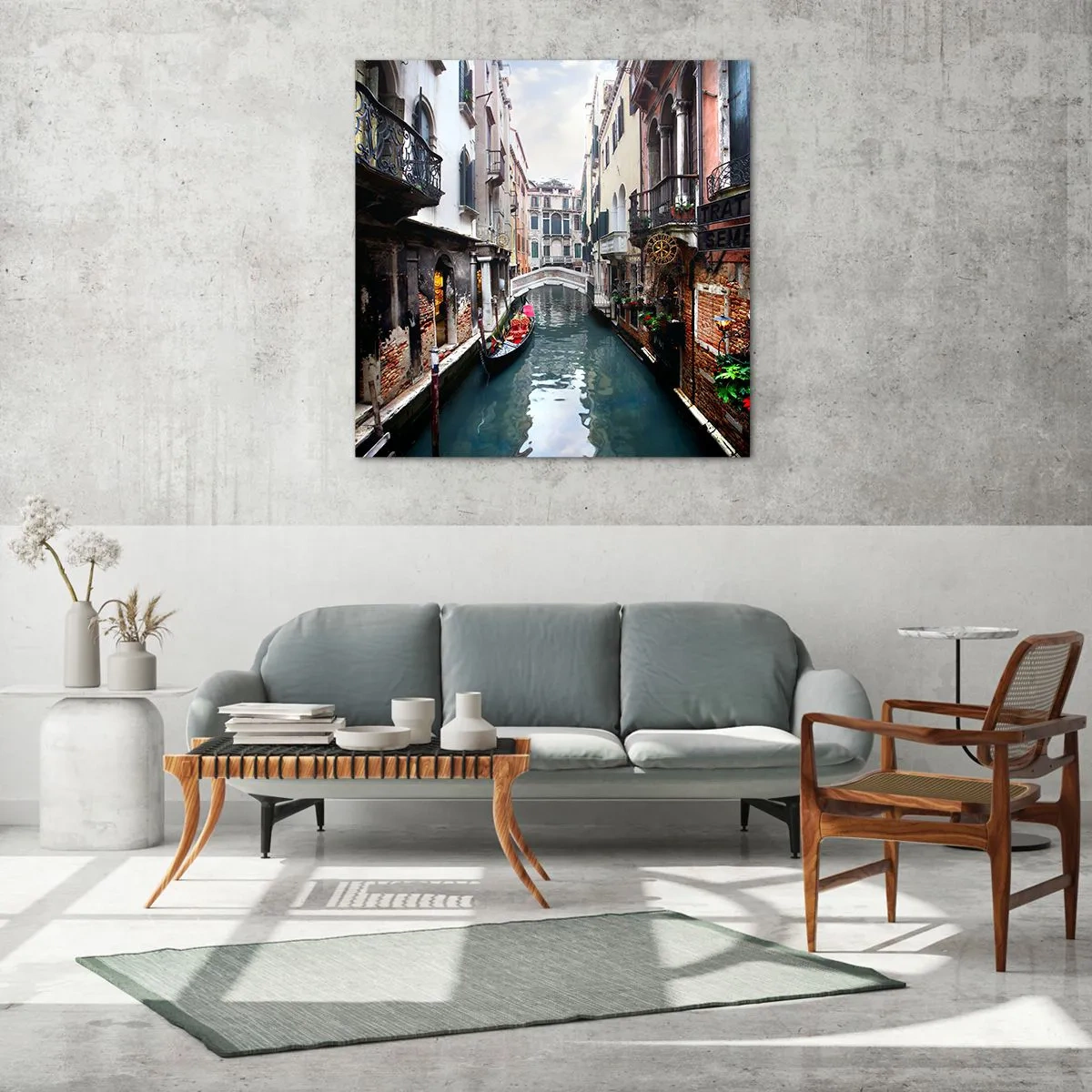 Obraz na szkle - Pejzaż wenecki z gondolą i mostkiem - 60x60 cm