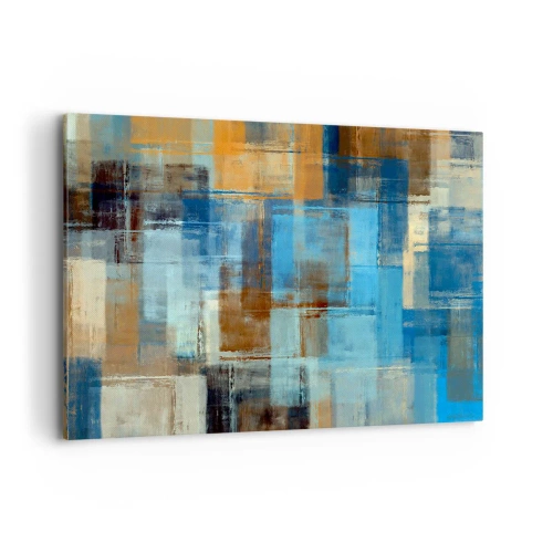 Obraz na płótnie - Abstrakcyjna kompozycja geometryczna w odcieniach niebieskiego i brązu - 100x70cm - Przez błękitną zasłonę - Nowoczesna dekoracja ścienna do salonu, kuchni i sypialni ARTTOR