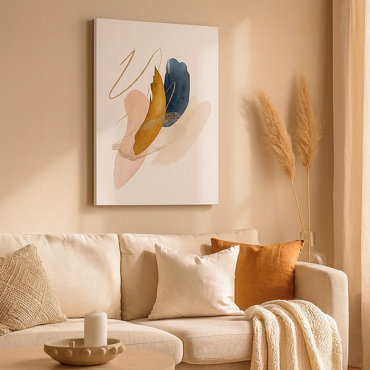 Obraz na płótnie - Abstrakcyjna kompozycja w odcieniach granatu, różu, złota i bieli - 50x70cm - Kompozycja uskrzydlona - Nowoczesna dekoracja ścienna do salonu, kuchni i sypialni ARTTOR