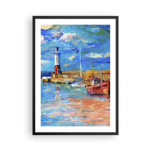 Plakat w czarnej ramie - Malowniczy port z latarnią morską i cumującymi łodziami - 50x70cm - Popołudnie w tęczowej zatoce - Nowoczesna dekoracja ścienna do salonu i sypialni ARTTOR