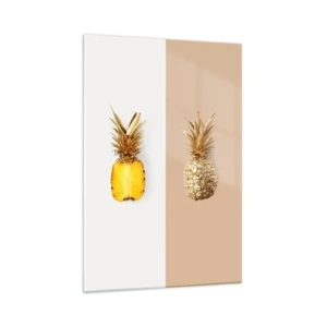 Obraz na szkle - Połówka świeżego i złotego ananasa na kontrastowym tle - 70x100cm - Ananas dla nas - Nowoczesna dekoracja ścienna do salonu i sypialni ARTTOR