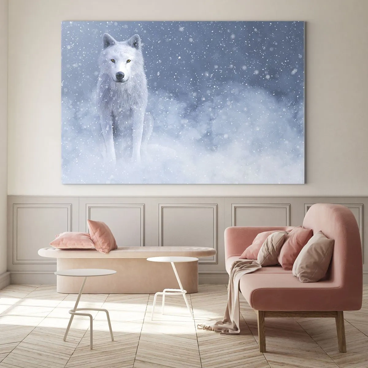 Obraz na szkle - Biały wilk w śnieżnej zamieci patrzący prosto - 70x50cm - W zimowym duchu - Nowoczesna dekoracja ścienna do salonu i sypialni ARTTOR
