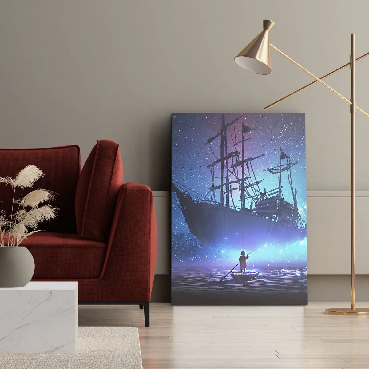 Obraz na płótnie - Tajemniczy statek unoszący się nad wodą w magicznej poświacie - 50x70cm - Spotkanie z mitem morza - Nowoczesna dekoracja ścienna do salonu, kuchni i sypialni ARTTOR