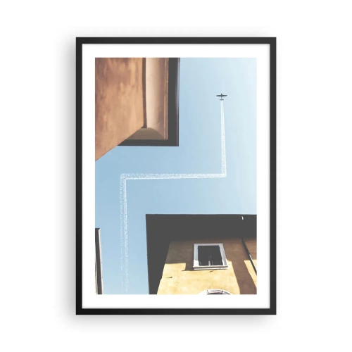 Plakat w czarnej ramie - Perspektywa budynków z samolotem i nietypową trasą na niebie - 50x70cm - Ponad miejskim labiryntem - Nowoczesna dekoracja ścienna do salonu i sypialni ARTTOR