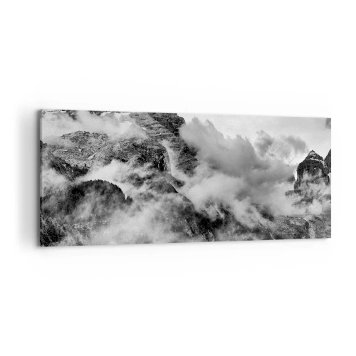 Obraz na płótnie - Czarno-biały widok gór otoczonych chmurami - 120x50cm - Piękne i okrutne - Nowoczesna dekoracja ścienna do salonu i sypialni ARTTOR