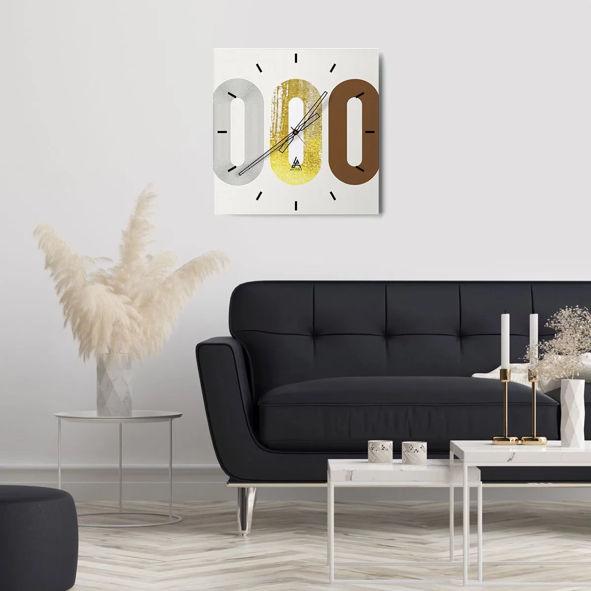 Zegar ścienny - Abstrakcyjny motyw trzech geometrycznych kształtów - 30x30cm - Ooo! - Nowoczesna dekoracja ścienna do salonu i sypialni ARTTOR