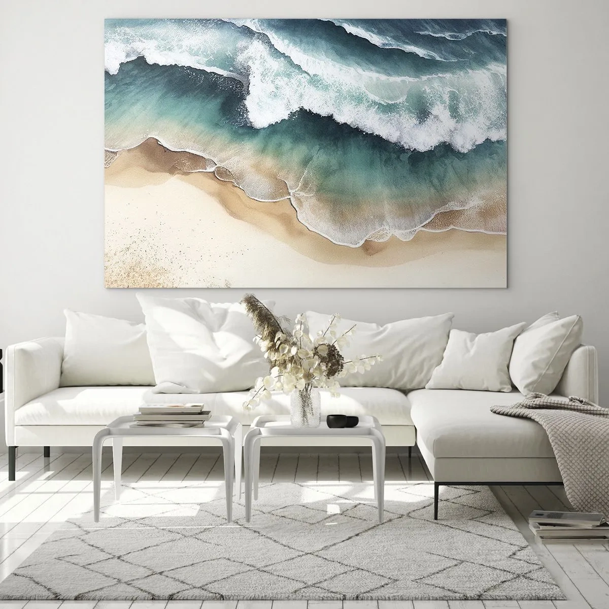 Obraz na szkle - Fale oceanu uderzające o złocistą, piaszczystą plażę - 100x70cm - Odwieczne spotkanie - Nowoczesna dekoracja ścienna do salonu, kuchni i sypialni ARTTOR