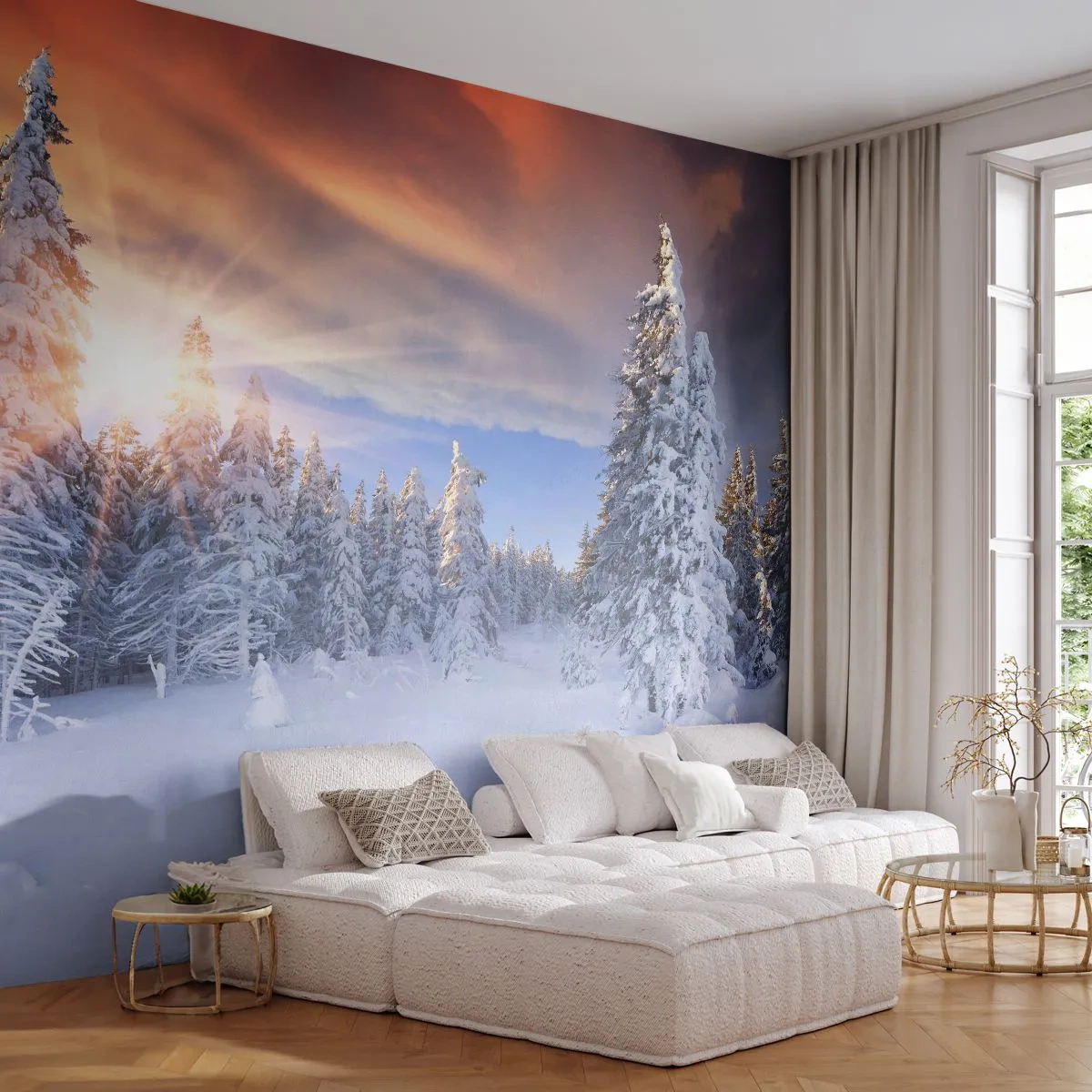Fototapeta Premium Sand - Zimowy krajobraz z ośnieżonym lasem i zachodem słońca - 100x70cm - Snieżny spektakl natury - Nowoczesna dekoracja ścienna do salonu, kuchni i sypialni ARTTOR