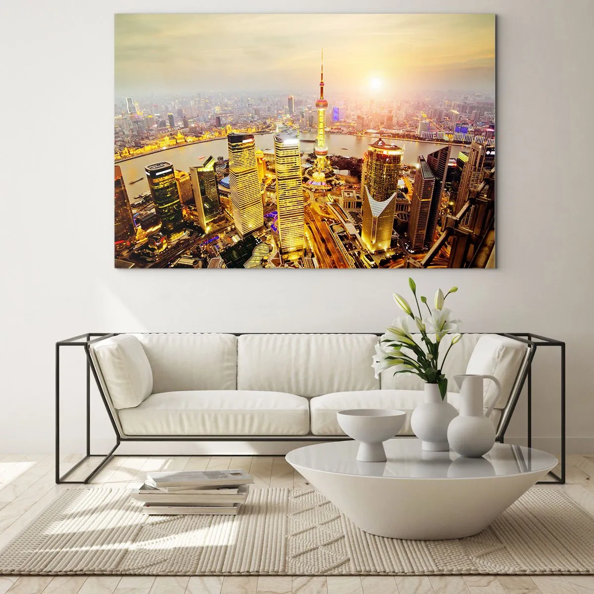 Obraz na szkle - Panorama miasta o zachodzie słońca z wieżowcami - 70x50cm - Azjatycki sen - Nowoczesna dekoracja ścienna do salonu i sypialni ARTTOR