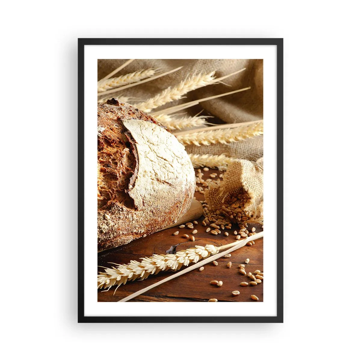 Plakat w czarnej ramie - Chleb na drewnianym stole z kłosami pszenicy - 50x70cm - Apetyczny, wonny, chrupiący - Nowoczesna dekoracja ścienna do salonu i sypialni ARTTOR