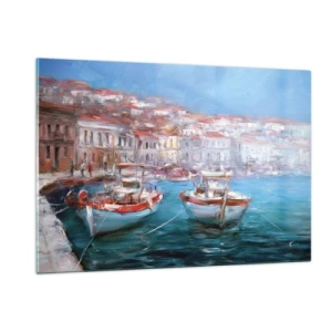 Obraz na szkle - Port rybacki z łodziami w tle włoskich budynków i błękitnego nieba - 120x80cm - Włoska zatoka - Nowoczesna dekoracja ścienna do salonu, kuchni i sypialni ARTTOR