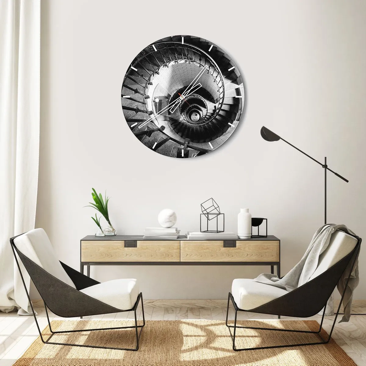 Zegar ścienny - Czarno-białe spiralne schody widziane z góry - 30x30cm - Wyżej i wyżej - Nowoczesna dekoracja ścienna do salonu, kuchni i sypialni ARTTOR