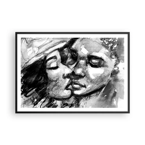 Plakat w czarnej ramie - Czarno-biała akwarela przedstawiająca intymny moment dwóch osób - 100x70cm - Czuła chwila - Nowoczesna dekoracja ścienna do salonu i sypialni ARTTOR