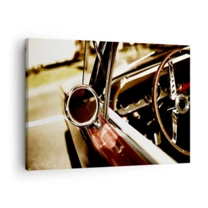 Obraz na płótnie - Zbliżenie na lusterko i wnętrze klasycznego samochodu retro - 70x50cm - Auto z duszą - Nowoczesna dekoracja ścienna do salonu i sypialni ARTTOR