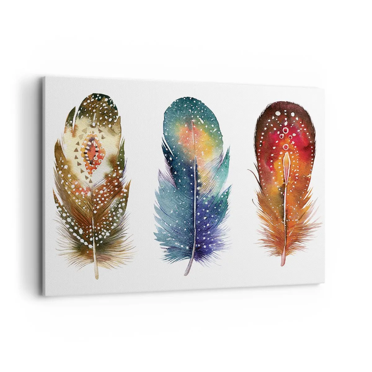 Obraz na płótnie - Trzy kolorowe pióra z artystycznymi wzorami na jasnym tle - 100x70cm - Rytuały, obrzędy, tajemnice - Nowoczesna dekoracja ścienna do salonu, kuchni i sypialni ARTTOR