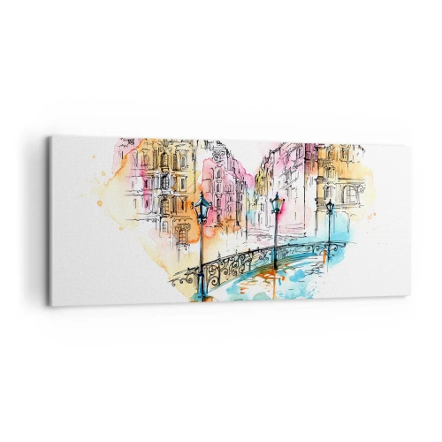 Obraz na płótnie - Akwarela mostu i kamienic w sercowym kształcie - 120x50cm - Serce miasta - Nowoczesna dekoracja ścienna do salonu i sypialni ARTTOR