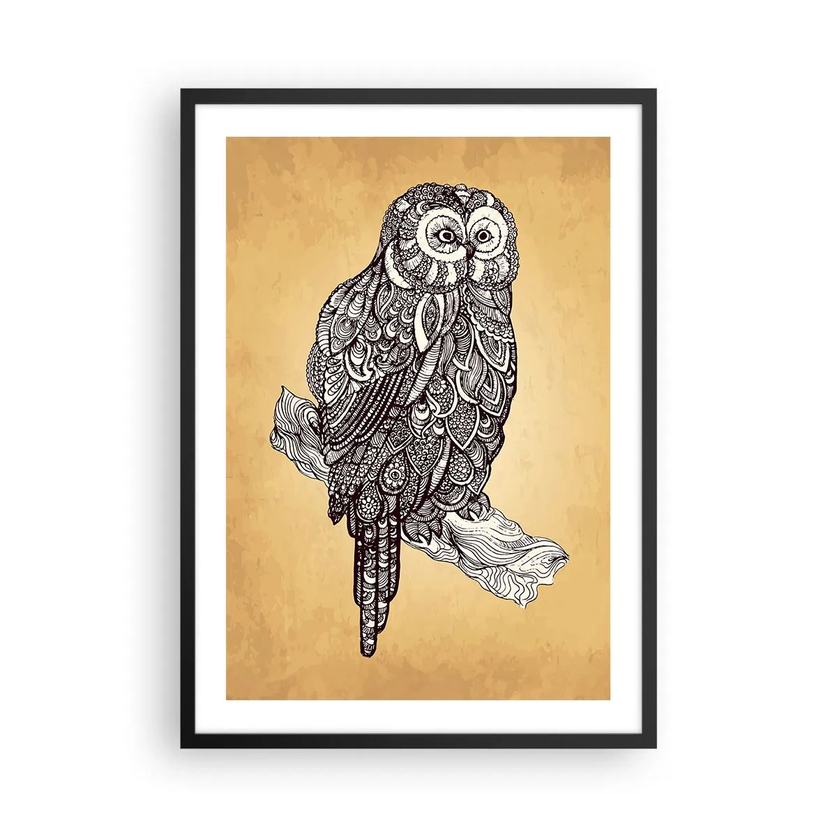 Plakat w czarnej ramie - Stylizowana sowa w ornamentowym wzorze na beżowym tle - 50x70cm - Misterne ornamenty mądrości - Nowoczesna dekoracja ścienna do salonu i sypialni ARTTOR