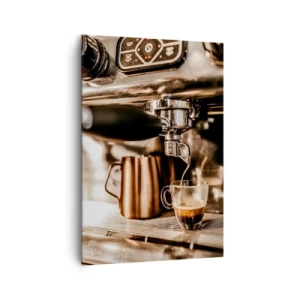 Obraz na płótnie - Ekspres do kawy nalewający aromatyczne espresso do szklanej filiżanki - 70x100cm - Blask kawy - Nowoczesna dekoracja ścienna do salonu i sypialni ARTTOR