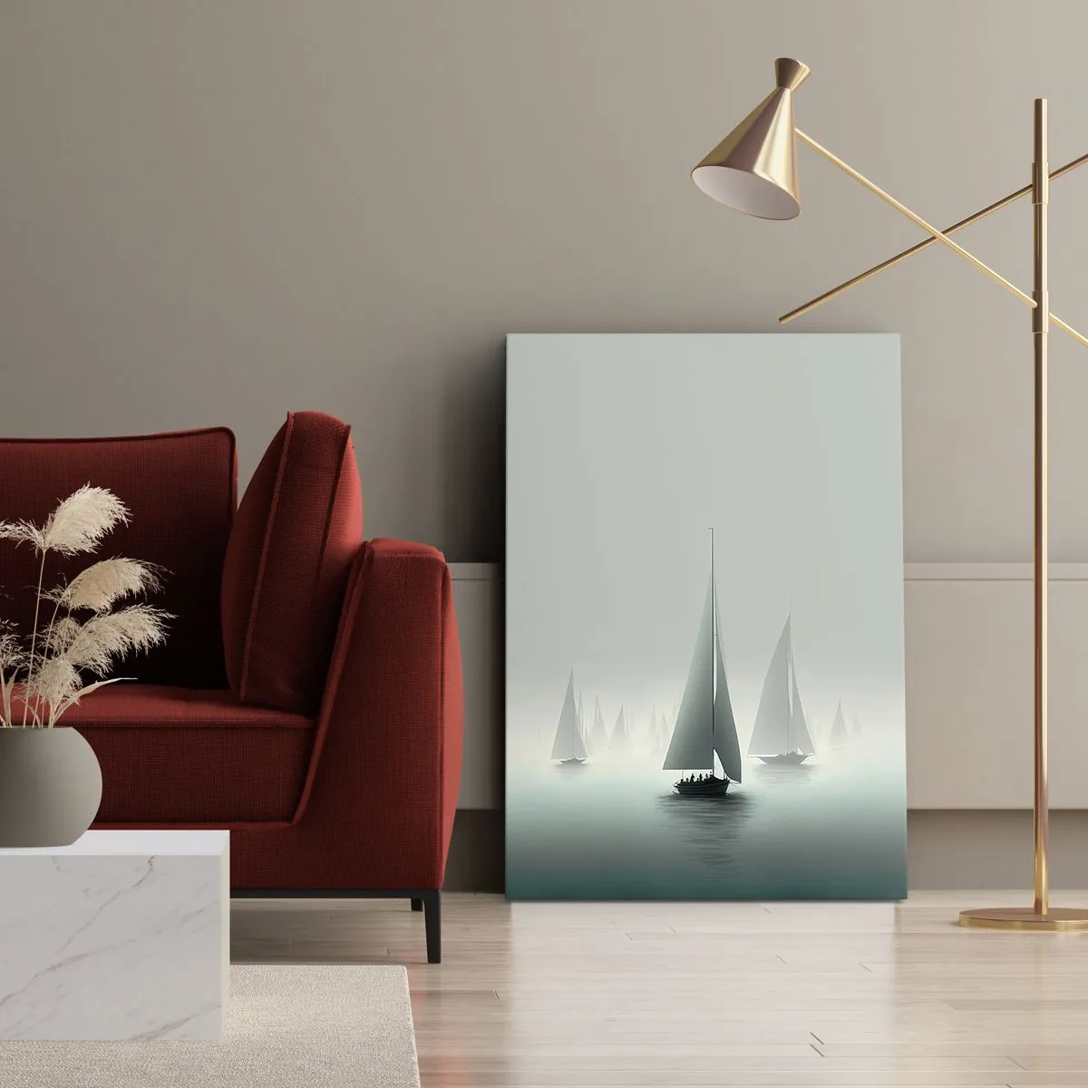 Obraz na płótnie - Żaglówki na spokojnym morzu otoczone tajemniczą mgłą - 50x70cm - Zbudowane z mgły - Nowoczesna dekoracja ścienna do salonu, kuchni i sypialni ARTTOR