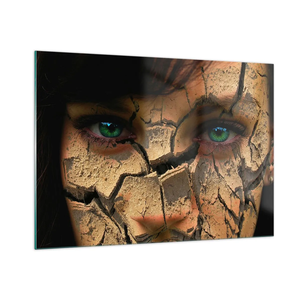 Obraz na szkle - Twarz kobiety z efektem spękanej ziemi - 100x70cm - Zachwyt i groza zarazem - Nowoczesna dekoracja ścienna do salonu, kuchni i sypialni ARTTOR