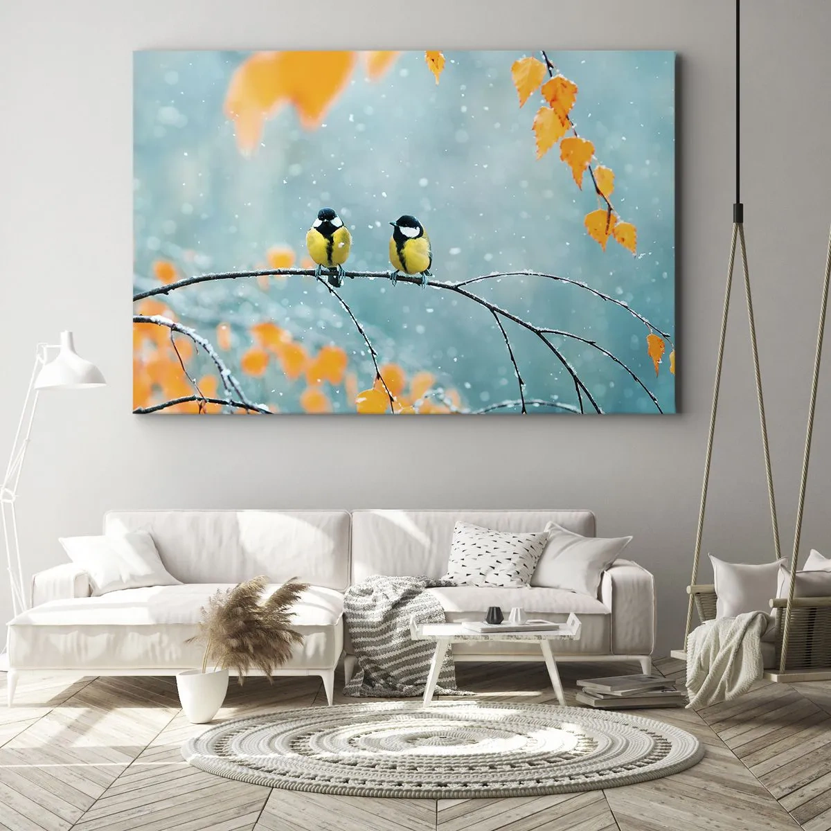 Obraz na płótnie - Dwa ptaki na gałęzi w zimowym otoczeniu z żółtymi liśćmi - 70x50cm - Ptasie plotki - Nowoczesna dekoracja ścienna do salonu i sypialni ARTTOR