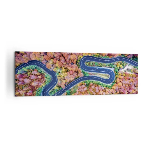 Obraz na płótnie - Kręta droga w jesiennym lesie widziana z lotu ptaka - 160x50cm - Krętą drogą poprzez las - Nowoczesna dekoracja ścienna do salonu i sypialni ARTTOR