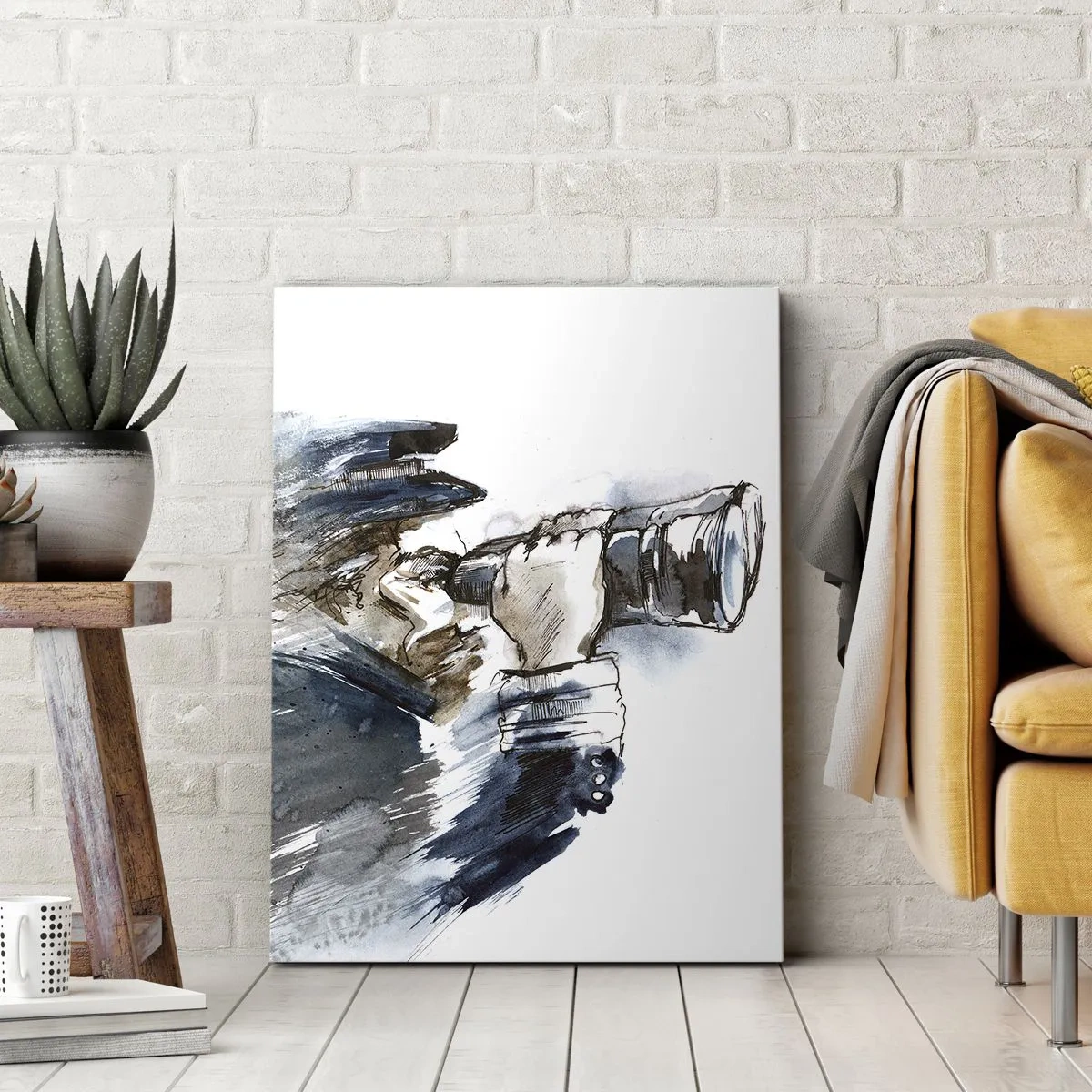Obraz na płótnie - Postać mężczyzny z lornetką, malowana akwarelą w odcieniach brązu i niebieskiego - 50x70cm - Dziesięć w skali Beauforta! - Nowoczesna dekoracja ścienna do salonu, kuchni i sypialni ARTTOR