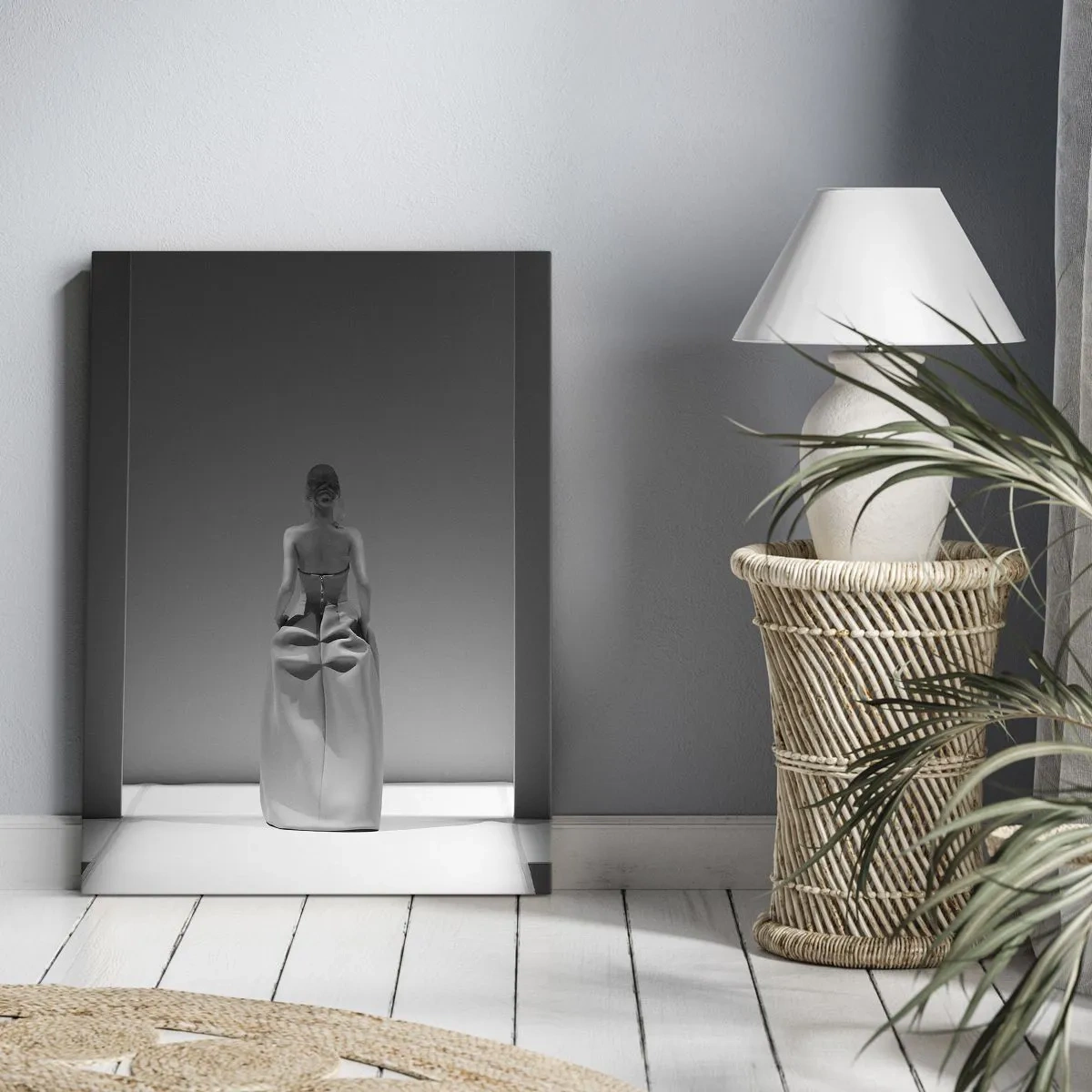 Obraz na płótnie - Czarno-biały obraz z minimalistyczną sceną kobiety w geometrycznej przestrzeni - 70x100cm - Wyrafinowana prostota - Nowoczesna dekoracja ścienna do salonu i sypialni ARTTOR