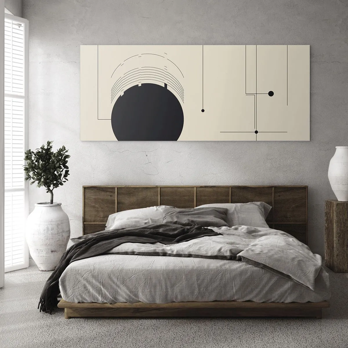 Obraz na szkle - Czarne geometryczne linie i okrąg na beżowym tle - 140x50cm - Sprężysta i dynamiczna kompozycja - Nowoczesna dekoracja ścienna do salonu i sypialni ARTTOR
