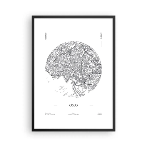 Plakat w czarnej ramie - Minimalistyczna mapa Oslo w czarno-białej tonacji - 50x70cm - Anatomia Oslo - Nowoczesna dekoracja ścienna do salonu i sypialni ARTTOR