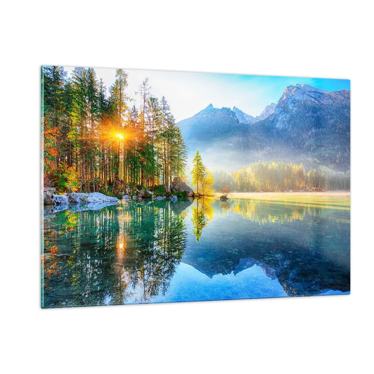 Obraz na szkle - Górski krajobraz z jeziorem i porannym słońcem - 120x80cm - Majestat i słodycz - Nowoczesna dekoracja ścienna do salonu, kuchni i sypialni ARTTOR